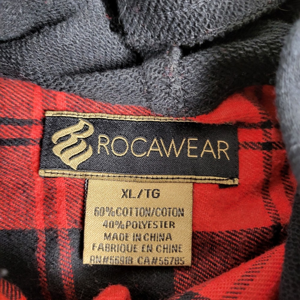 Rocawear Hooded Flannel Shirt Men XL Red Black Excellent Buffalo Plaid Button Up - Picture 6 of 9